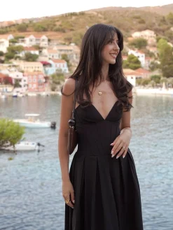 COMMENSE Double Pockets Pleated Zip Corset Tube Midi Dress* Black Dresses|Cocktail & Party Dresses
