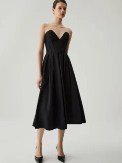 COMMENSE Double Pockets Pleated Zip Corset Tube Midi Dress* Black Dresses|Cocktail & Party Dresses