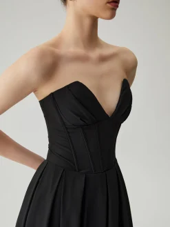 COMMENSE Double Pockets Pleated Zip Corset Tube Midi Dress* Black Dresses|Cocktail & Party Dresses