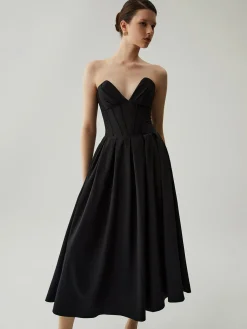 COMMENSE Double Pockets Pleated Zip Corset Tube Midi Dress* Black Dresses|Cocktail & Party Dresses