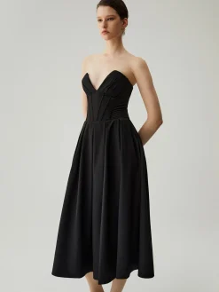 COMMENSE Double Pockets Pleated Zip Corset Tube Midi Dress* Black Dresses|Cocktail & Party Dresses