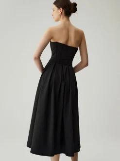 COMMENSE Double Pockets Pleated Zip Corset Tube Midi Dress* Black Dresses|Cocktail & Party Dresses