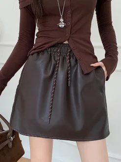 COMMENSE Drawstring Faux Leather Skirt* Skirts|Bottoms