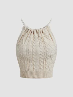 COMMENSE Drawstring Open Back Cable Knit Halter Crop Top* Crop Tops|Tank Tops & Camis