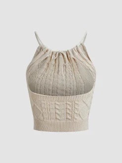 COMMENSE Drawstring Open Back Cable Knit Halter Crop Top* Crop Tops|Tank Tops & Camis