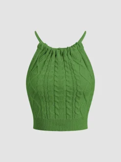 COMMENSE Drawstring Open Back Cable Knit Halter Crop Top* Crop Tops|Tank Tops & Camis