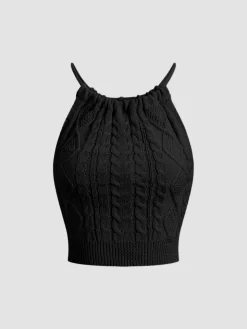 COMMENSE Drawstring Open Back Cable Knit Halter Crop Top* Crop Tops|Tank Tops & Camis