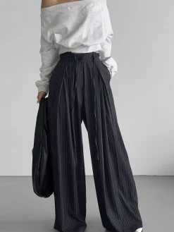 COMMENSE Drawstring Pinstripe Wide-Leg Pants* Pants|Bottoms