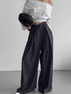 COMMENSE Drawstring Pinstripe Wide-Leg Pants* Pants|Bottoms