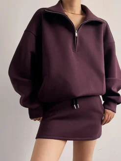 COMMENSE Drawstring Zipper Lapel Skirt Set* Skirt Sets|Long Sleeve Sets
