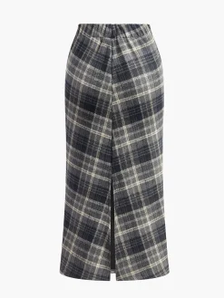COMMENSE Elastic Waist Checked Slit Skirt* Skirts