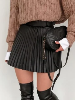 COMMENSE Elastic Waist Faux Leather Pleated Skirt* Bottoms