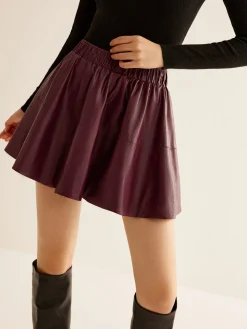 COMMENSE Elastic Waist Pleated PU Leather Skirt* Skirts|Bottoms