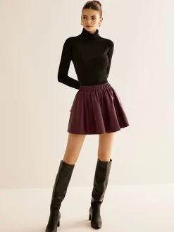 COMMENSE Elastic Waist Pleated PU Leather Skirt* Skirts|Bottoms