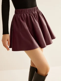 COMMENSE Elastic Waist Pleated PU Leather Skirt* Skirts|Bottoms