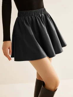 COMMENSE Elastic Waist Pleated PU Leather Skirt* Skirts|Bottoms