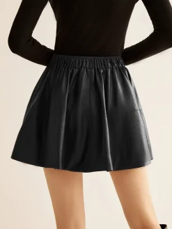 COMMENSE Elastic Waist Pleated PU Leather Skirt* Skirts|Bottoms