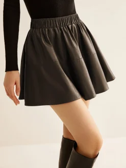 COMMENSE Elastic Waist Pleated PU Leather Skirt* Skirts|Bottoms