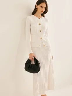 COMMENSE Elegant Button Pleated Sweater Co-ords* Sweater Tops|Sweaters & Cardigans