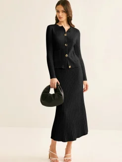 COMMENSE Elegant Button Pleated Sweater Co-ords* Sweater Tops|Sweaters & Cardigans
