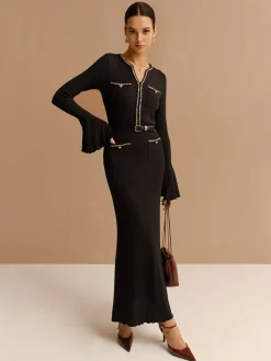 COMMENSE Elegant Contrast Binding Ruffle Slim Dress* Black Dresses|Casual Dresses