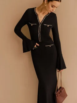 COMMENSE Elegant Contrast Binding Ruffle Slim Dress* Black Dresses|Casual Dresses