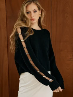 COMMENSE Elegant Metal-Detail Cutout Sweater* Sweater Tops|Sweaters & Cardigans