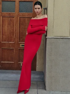 COMMENSE Elegant Off-Shoulder Sweater Long Dress* Sweater Dresses|Work Dresses