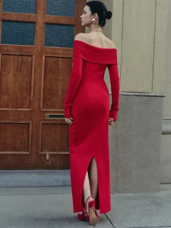 COMMENSE Elegant Off-Shoulder Sweater Long Dress* Sweater Dresses|Work Dresses