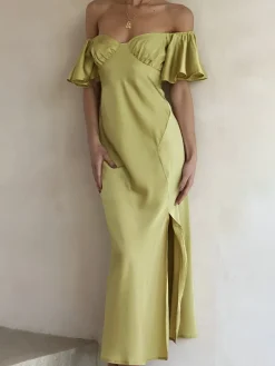 COMMENSE Elegant Ruffle Sleeve Split Long Dress* Cocktail & Party Dresses|Vacation Dresses