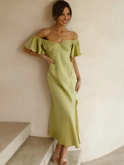 COMMENSE Elegant Ruffle Sleeve Split Long Dress* Cocktail & Party Dresses|Vacation Dresses