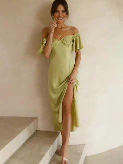 COMMENSE Elegant Ruffle Sleeve Split Long Dress* Cocktail & Party Dresses|Vacation Dresses