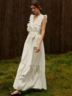 COMMENSE Elegant Ruffle Trim Belted Long Dress* White Dresses|Vacation Dresses