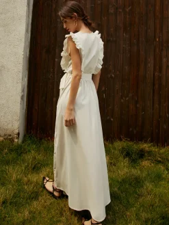 COMMENSE Elegant Ruffle Trim Belted Long Dress* White Dresses|Vacation Dresses