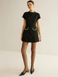 COMMENSE Elegant Short Sleeve Tweed Dress* Black Dresses|Casual Dresses