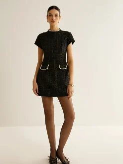 COMMENSE Elegant Short Sleeve Tweed Dress* Black Dresses|Casual Dresses