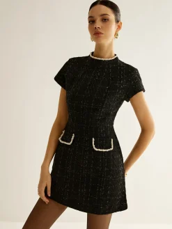 COMMENSE Elegant Short Sleeve Tweed Dress* Black Dresses|Casual Dresses