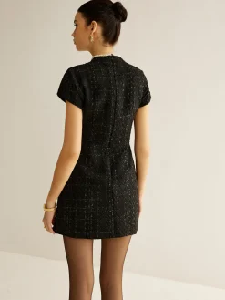 COMMENSE Elegant Short Sleeve Tweed Dress* Black Dresses|Casual Dresses