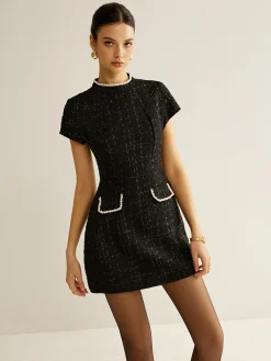 COMMENSE Elegant Short Sleeve Tweed Dress* Casual Dresses|Work Dresses