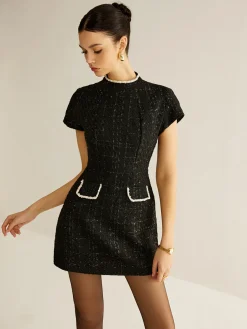 COMMENSE Elegant Short Sleeve Tweed Dress* Casual Dresses|Work Dresses