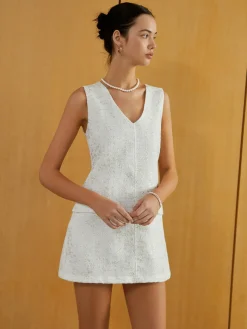 COMMENSE Elegant Sleeveless V-Neck Short Dress* White Dresses|Casual Dresses