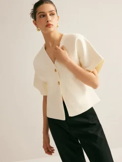 COMMENSE Elegant V-Neck Button Knit Top* Sweater Tops|Sweaters & Cardigans
