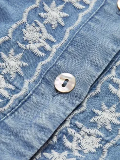 COMMENSE Elegant V-Neck Embroidery Shirt* Denim|Tops