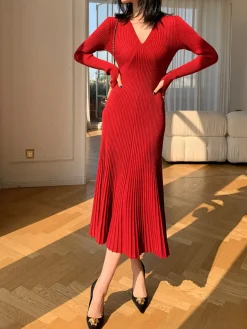 COMMENSE Elegant V-Neck Pleated Dress* Casual Dresses|Cocktail & Party Dresses