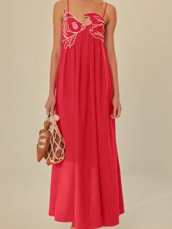 COMMENSE Embroide Fish Spaghetti Strap Midi Dress* Black Dresses|Vacation Dresses