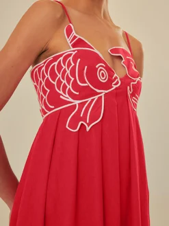 COMMENSE Embroide Fish Spaghetti Strap Midi Dress* Black Dresses|Vacation Dresses
