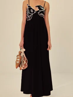 COMMENSE Embroide Fish Spaghetti Strap Midi Dress* Black Dresses|Vacation Dresses
