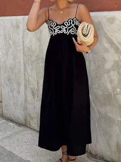 COMMENSE Embroidered Shirred Spaghetti Strap Long Dress* Black Dresses|Vacation Dresses