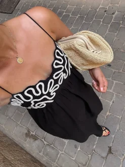 COMMENSE Embroidered Shirred Spaghetti Strap Long Dress* Black Dresses|Vacation Dresses