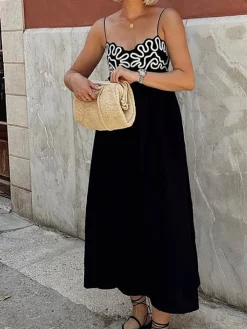 COMMENSE Embroidered Shirred Spaghetti Strap Long Dress* Black Dresses|Vacation Dresses